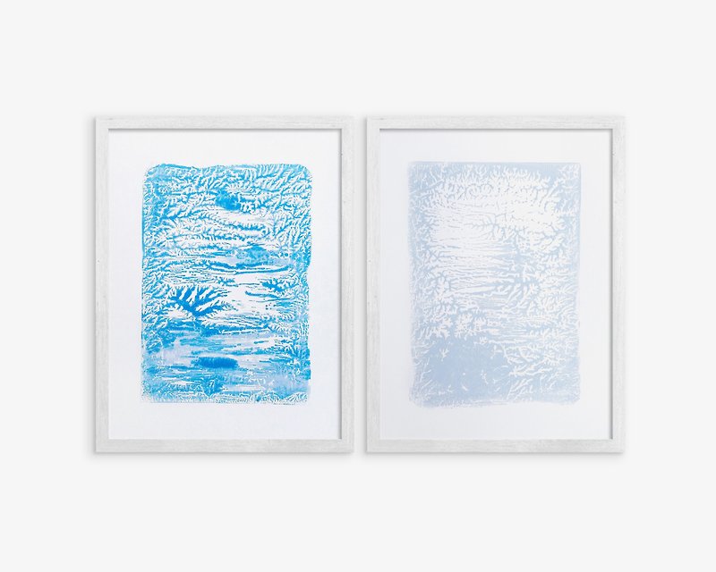 Holiday winter wall art Gallery wall set of 2 Monotype prints Abstract textures - โปสเตอร์ - กระดาษ สีน้ำเงิน