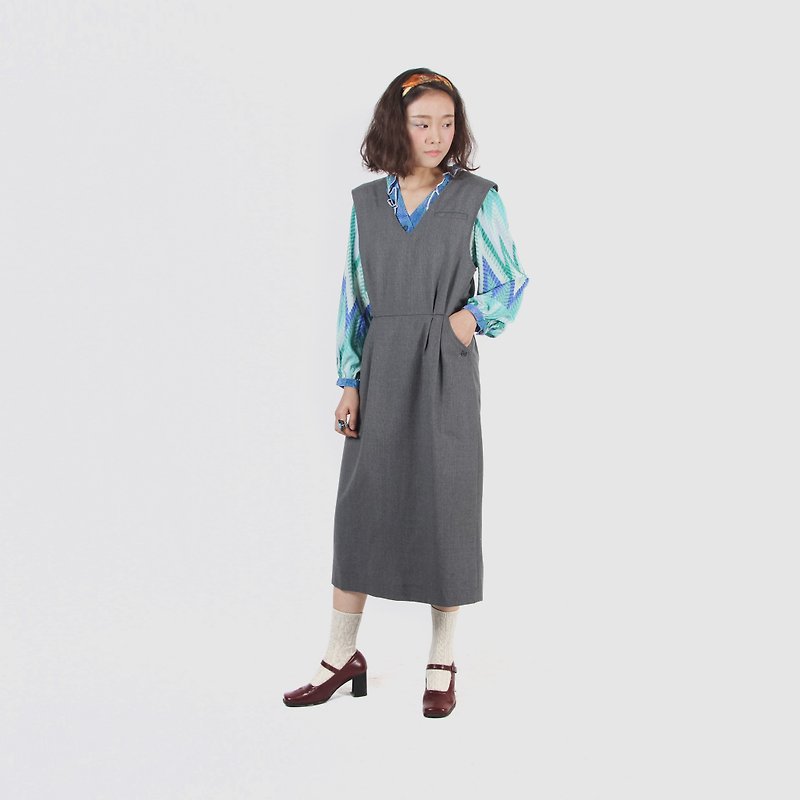 [Egg plant ancient] gray feather line thin woolen vintage vest skirt - One Piece Dresses - Wool Gray
