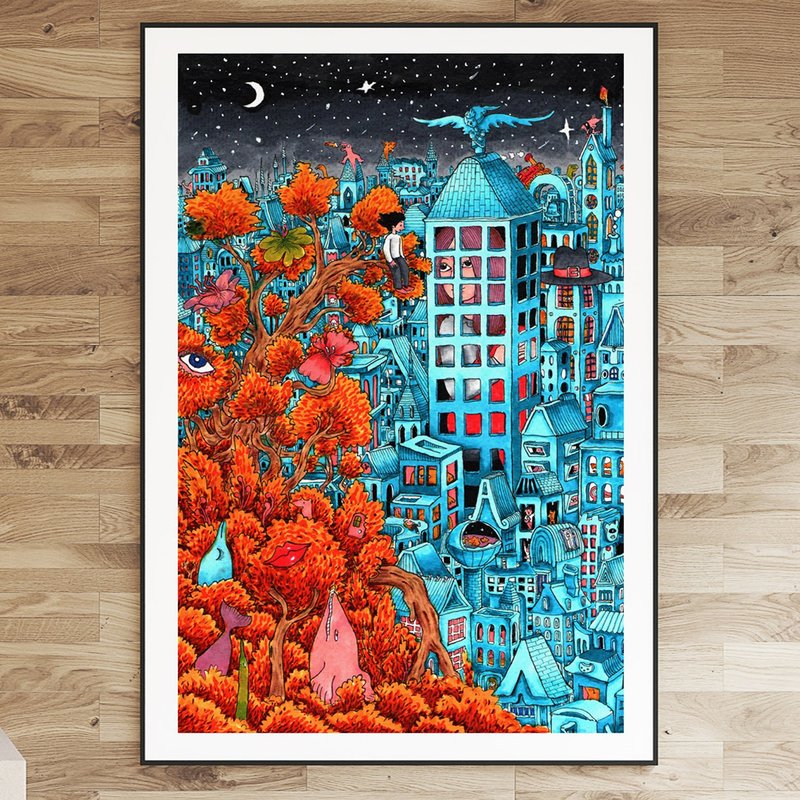 Art print : เล่าเรื่องดอกไม้พวกนั้นอีกทีได้ไหม - โปสเตอร์ - กระดาษ สีน้ำเงิน