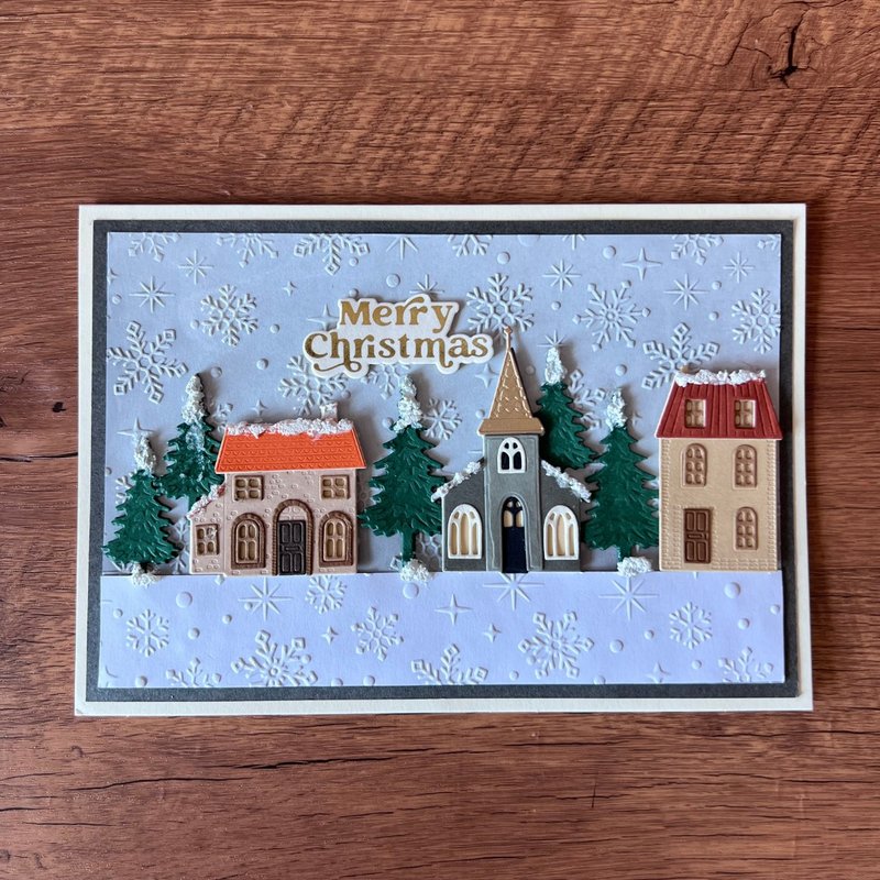 MERRY CHRISTMAS 街上 小屋 教堂 下雪 背景 聖誕卡 - 卡片/明信片 - 紙 灰色