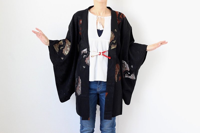 Urushi kimono, authentic kimono, haori jacket, Japanese silk kimono /3945 - 外套/大衣 - 絲．絹 黑色