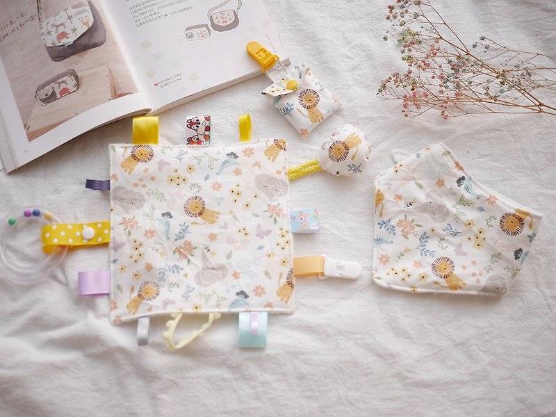 Mid-Moon Gift Box, Soothing Towel, Six-fold Triangle Saliva Towel, Peace Charm Bag, Lion and Elephant - Baby Gift Sets - Cotton & Hemp Yellow