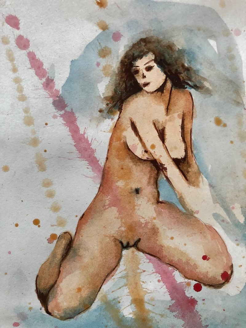Nude Beautiful Woman Original Watercolor Painting Home Decor - 壁貼/牆壁裝飾 - 紙 