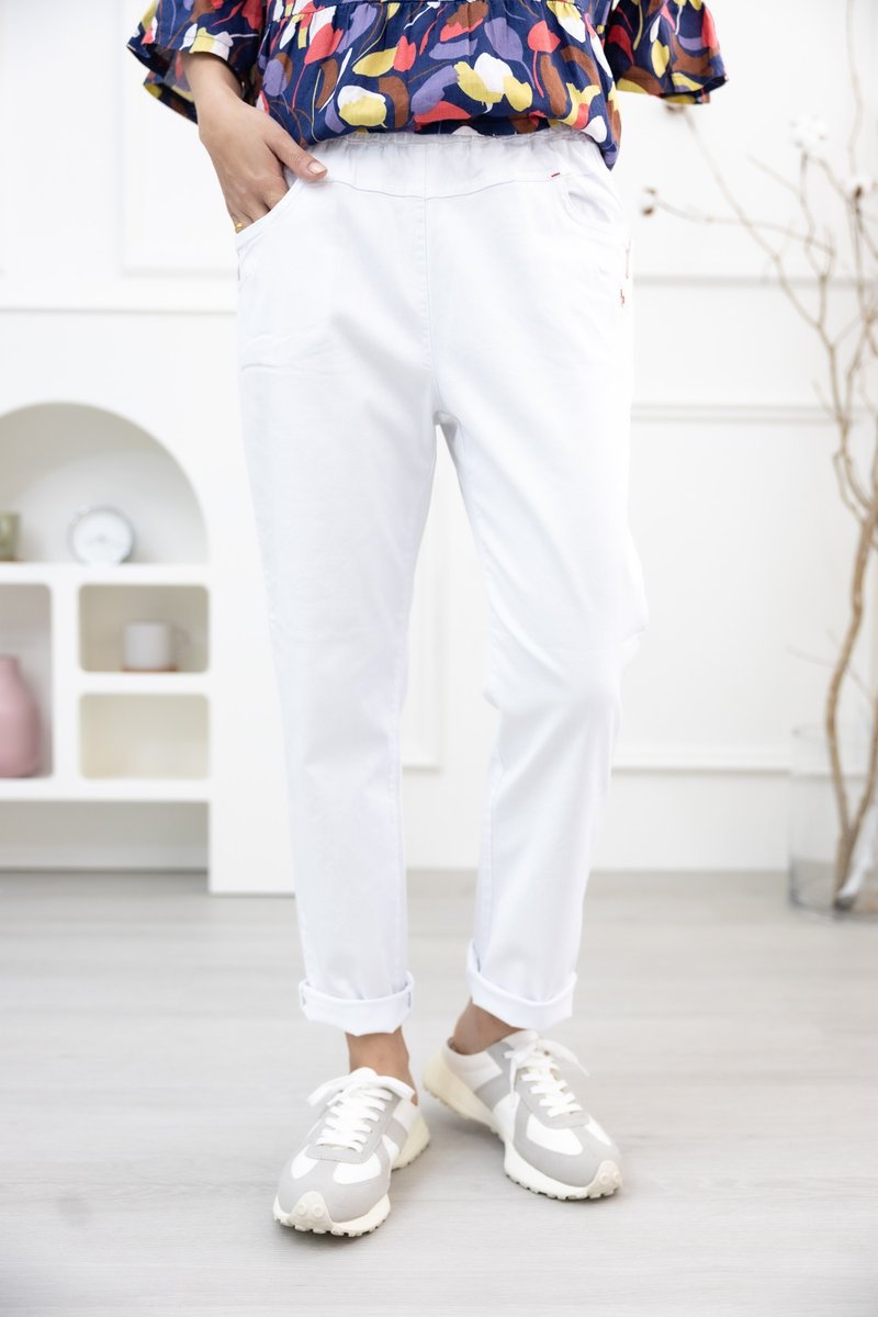 Pocket electric embroidery MONCOLF straight trousers white - กางเกงขายาว - วัสดุอื่นๆ ขาว