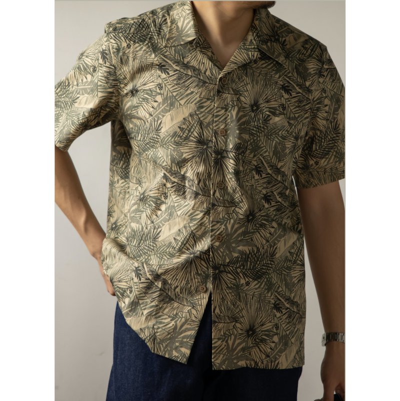 夏威夷襯衫 阿羅哈襯衫 墨色椰林印花 天然椰殼釦 Aloha Shirt - 男襯衫/休閒襯衫 - 其他材質 卡其色