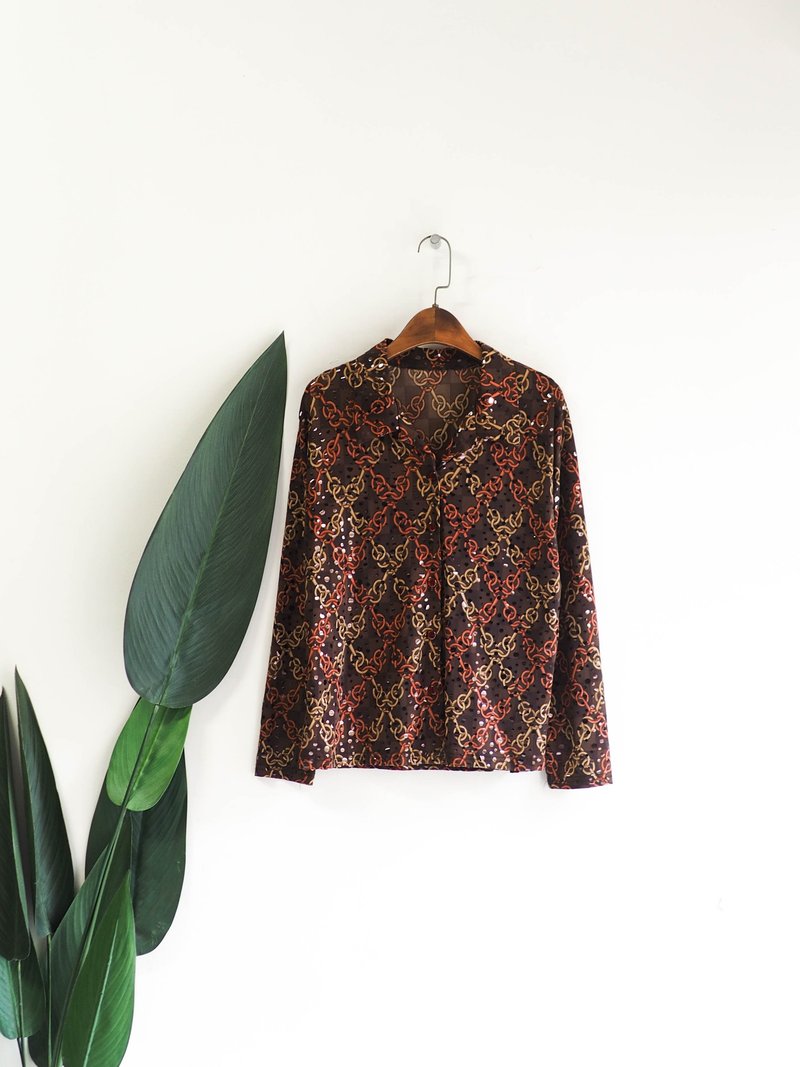 咖褐鎖鏈閃亮週末迪士可派對 古董襯衫罩衫上衣 shirt vintage - 女襯衫 - 聚酯纖維 紅色