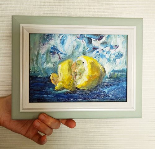 黄色いレモンの静物画オリジナル油絵、キャンバス、厚紙 8x6