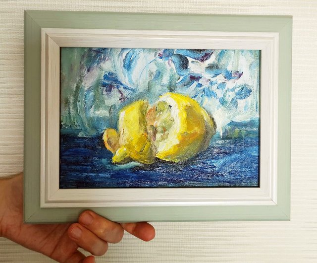 黄色いレモンの静物画オリジナル油絵、キャンバス、厚紙 8x6