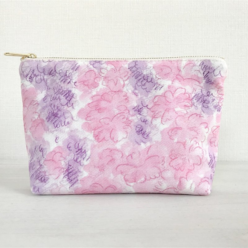 Joy Flowery gusseted pouch Purple × Pink - กระเป๋าเครื่องสำอาง - ผ้าฝ้าย/ผ้าลินิน สีม่วง