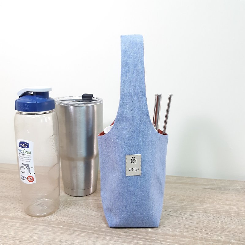 Eco-friendly beverage bag / hand cup bag / water bottle bag / small bag / Japanese blue - กระเป๋าถือ - ผ้าฝ้าย/ผ้าลินิน สีน้ำเงิน