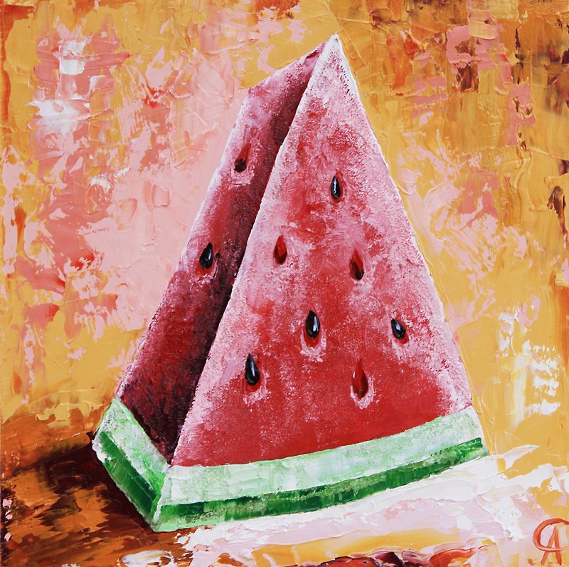 Watermelon Painting Fruit Still Life Original Art Kitchen Wall Art Small Oil Art - 掛牆畫/海報 - 其他材質 粉紅色