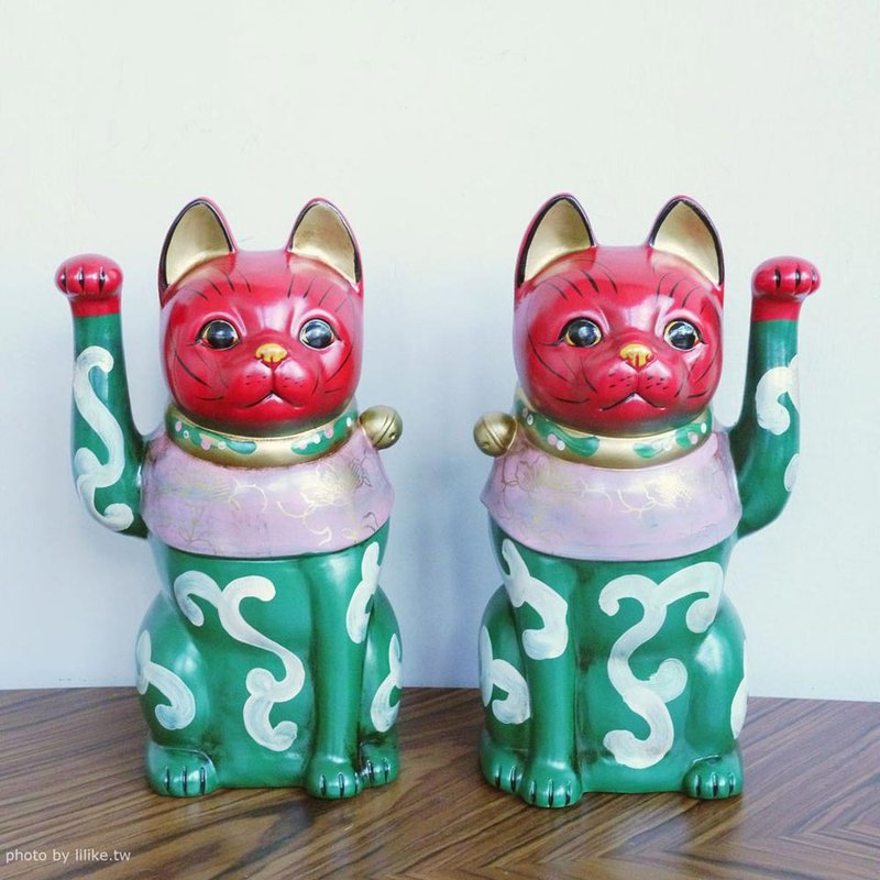 唐草歌舞伎大招財貓一對 - 擺飾/家飾品 - 陶 綠色