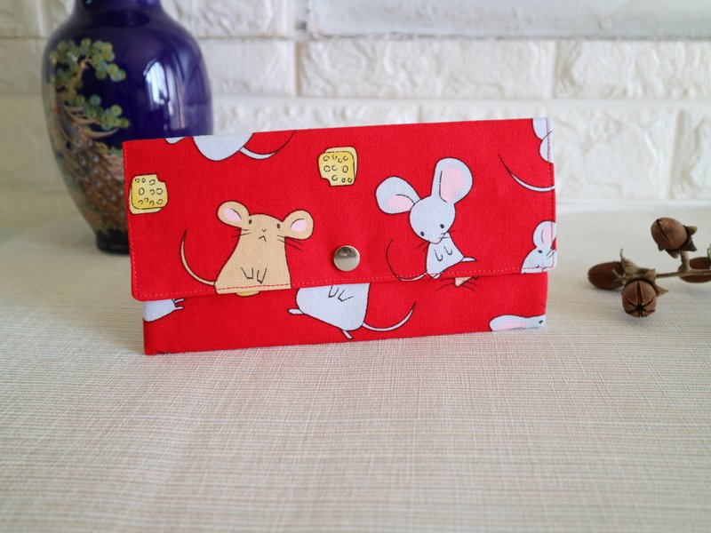 拉鍊布紅包袋 存摺 現金收納袋 長夾錢包 ~老鼠 - 錢包/皮夾/長短夾 - 棉．麻 紅色