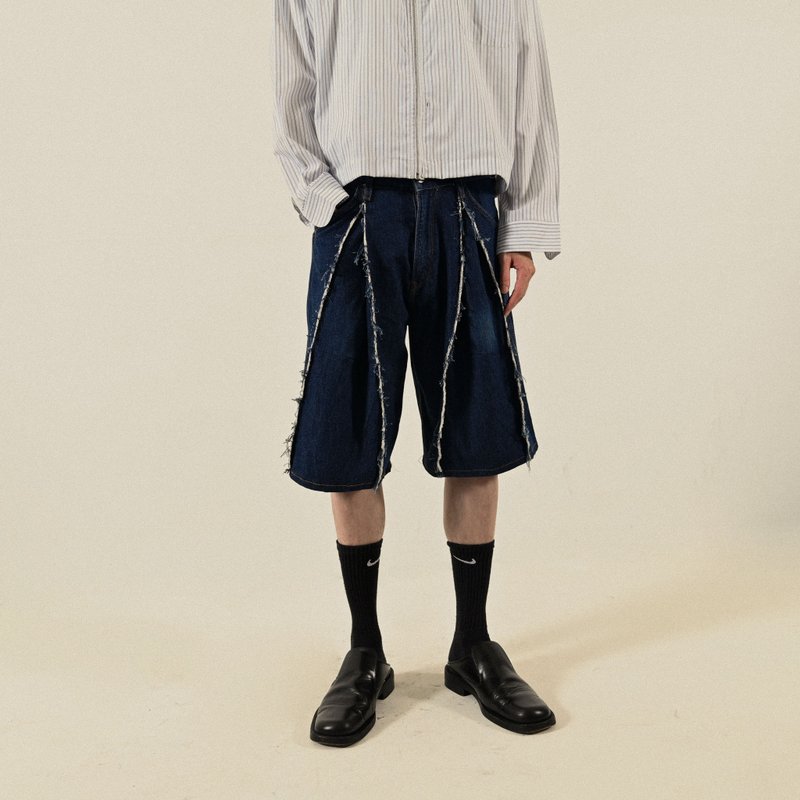 【NaSuBi Vintage】Upcycling拼接設計闊腿牛仔古著短褲 - 男短褲/工作短褲 - 棉．麻 藍色