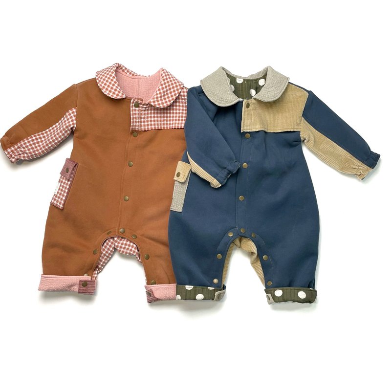 [Spot] Troy is half awake | Double-sided cotton open button long-sleeved onesies jumpsuit - ชุดทั้งตัว - ผ้าฝ้าย/ผ้าลินิน สีน้ำเงิน