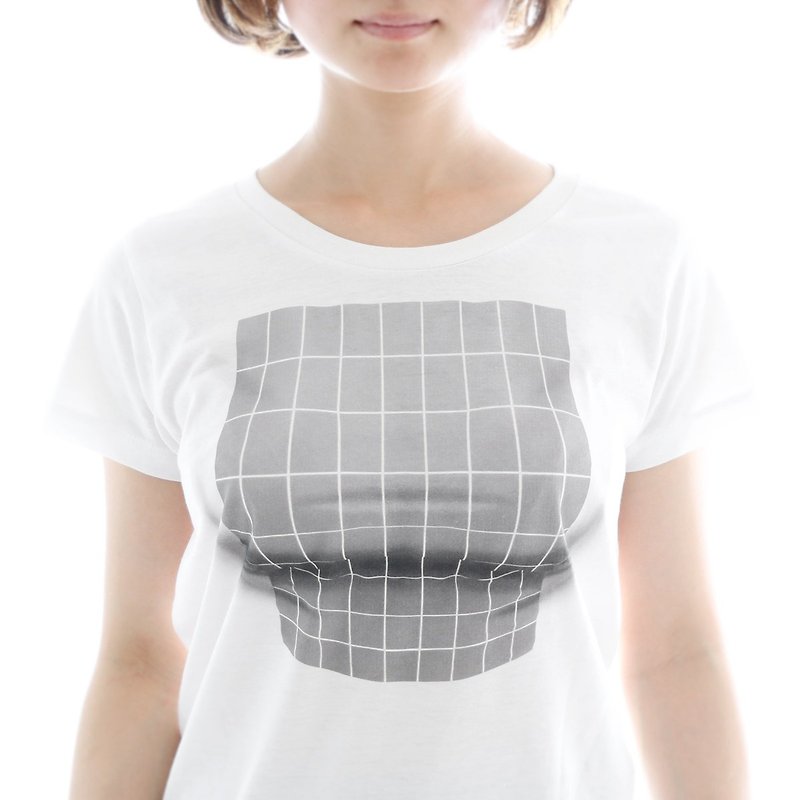Mousou Mapping T-shirt/ Illusion grid/ WS size - Women's T-Shirts - Cotton & Hemp Gray