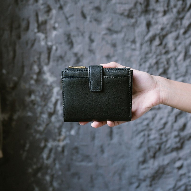 [Gift Box] Genuine Leather Multifunctional Middle Clip X0022 Black - กระเป๋าสตางค์ - หนังแท้ สีดำ