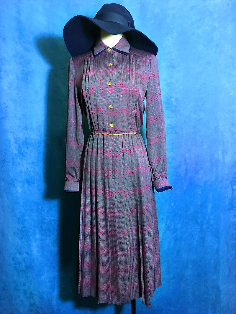 Double-layered collar long-sleeved vintage dress / brought back to VINTAGE abroad - One Piece Dresses - Polyester Blue