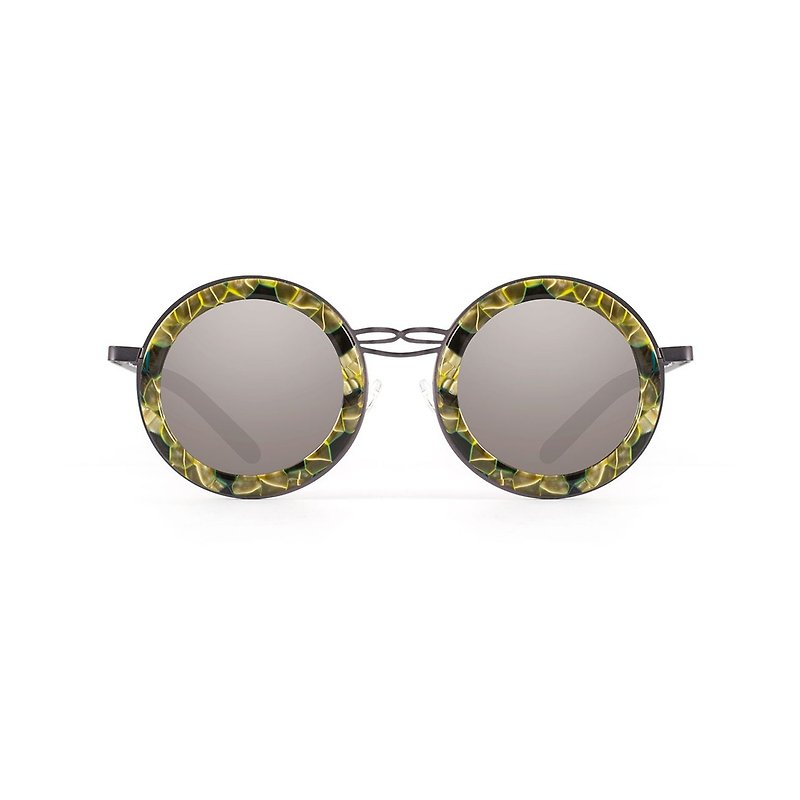 Round Acetate Sunglasses in Olive Marble - แว่นกันแดด - โลหะ สีเขียว