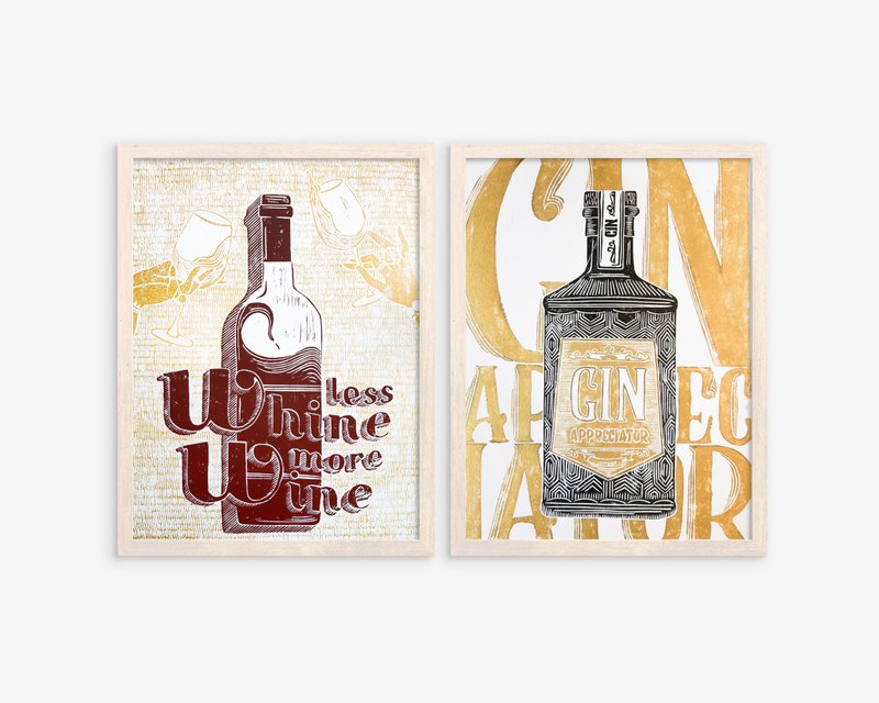 Gallery wall set of 2 Linocut print Less whine more wine Gin wall art Bar gift - Posters - Paper Gold