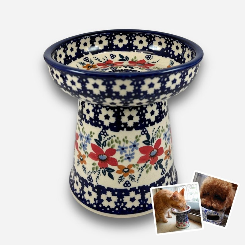 波蘭手繪手工陶-寵物碗 高腳碗 貓咪/小型犬適用 14cm - 寵物碗/碗架/自動餵食器 - 陶 多色