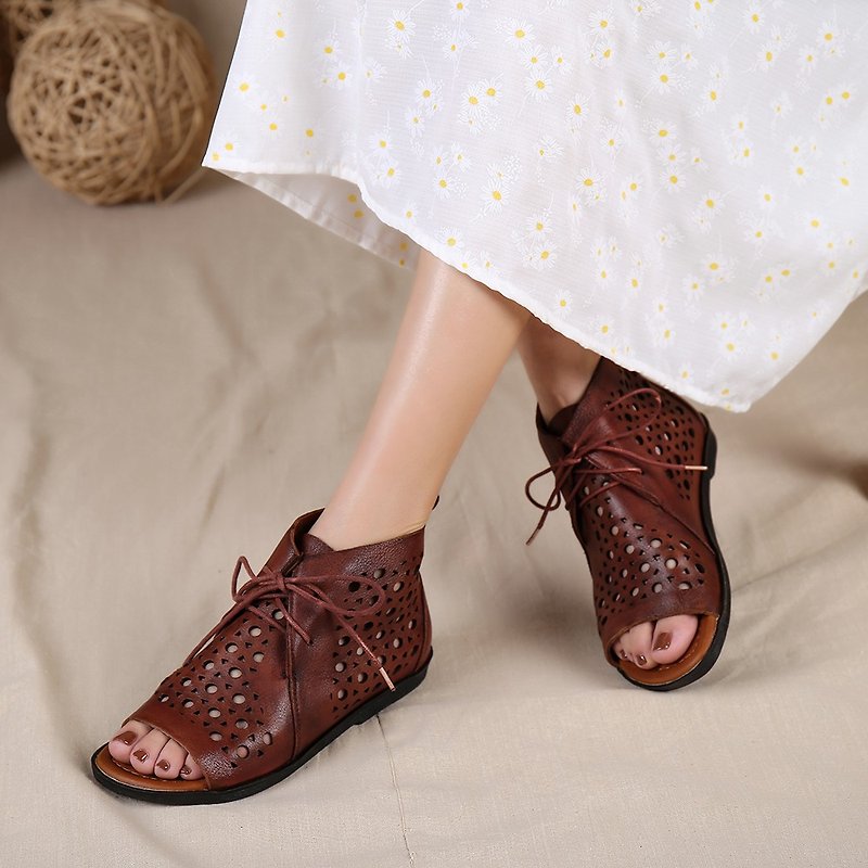 Handmade Retro Leather Lace Up Summer Sandals For Women Open Toe Coffee/Brown - รองเท้ารัดส้น - หนังแท้ สีนำ้ตาล