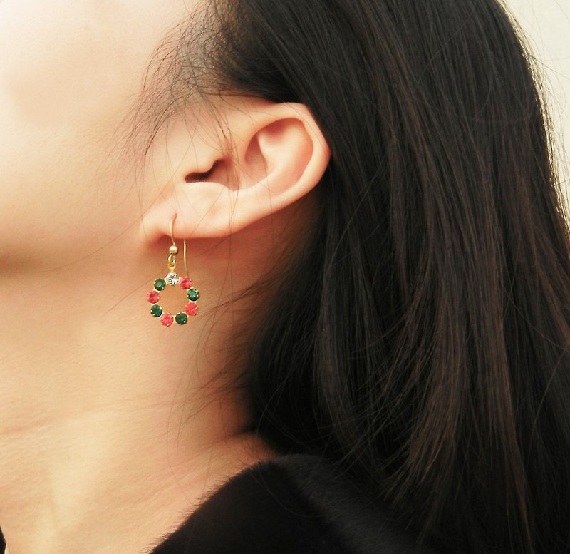 *coucoubird*Christmas wreath rhinestone earrings - Earrings & Clip-ons - Gemstone Multicolor