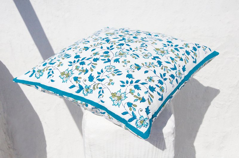 Limited hand woodcut pillow cover / cotton pillow cover / pillow cover printing / manual print pillow cover - blue flower vines - หมอน - ผ้าฝ้าย/ผ้าลินิน สีน้ำเงิน