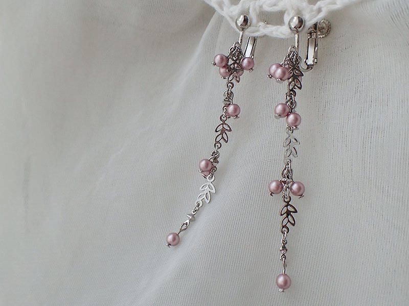 花草風　水晶珍珠　施華洛世奇元素　夾式 耳環 (一對) - 耳環/耳夾 - 玻璃 粉紅色