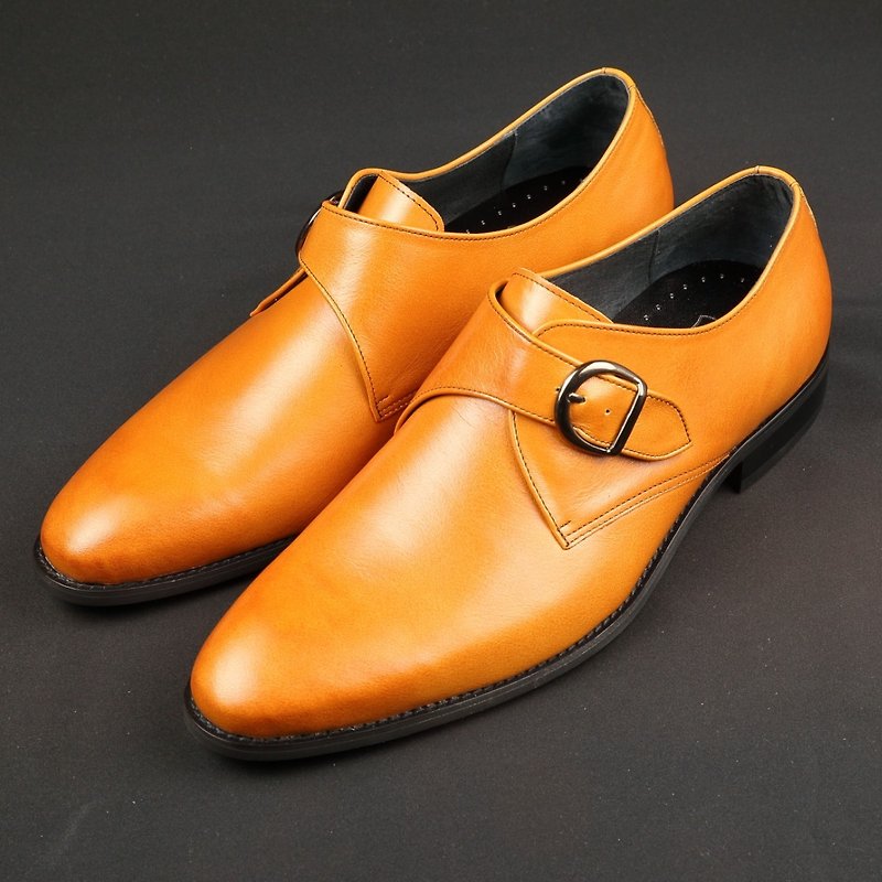 シンプルチャームカーフスキンモンクストラップ-ハニーブラウン - 革靴 メンズ - 革 オレンジ