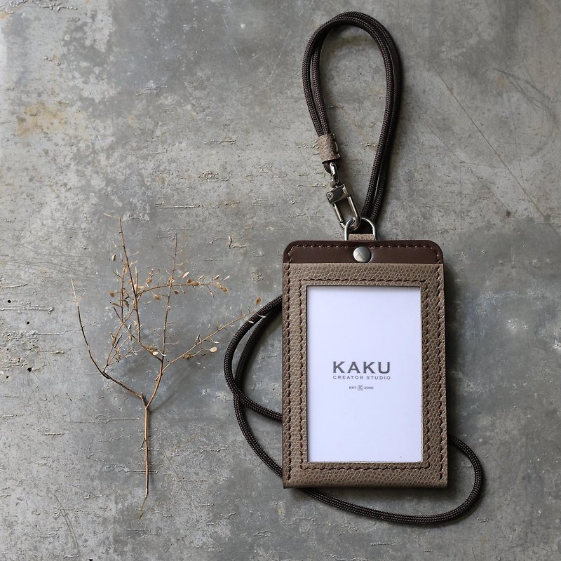 ID holder Youyou card holder ID card oatmeal palm print/dark coffee - ที่ใส่บัตรคล้องคอ - หนังแท้ สีกากี
