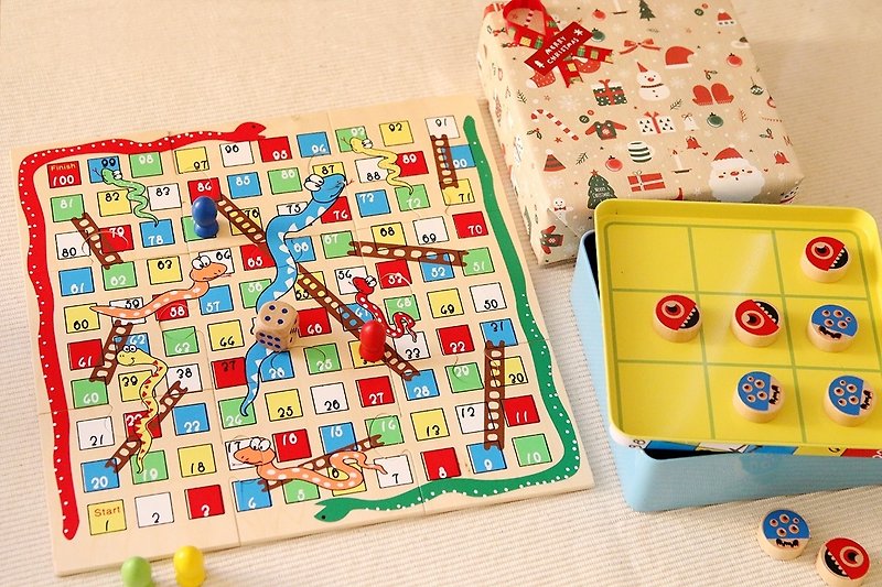 Puzzle Game Wooden snake and ladder &amp; tic tac toe tin game - ของเล่นเด็ก - ไม้ สีกากี