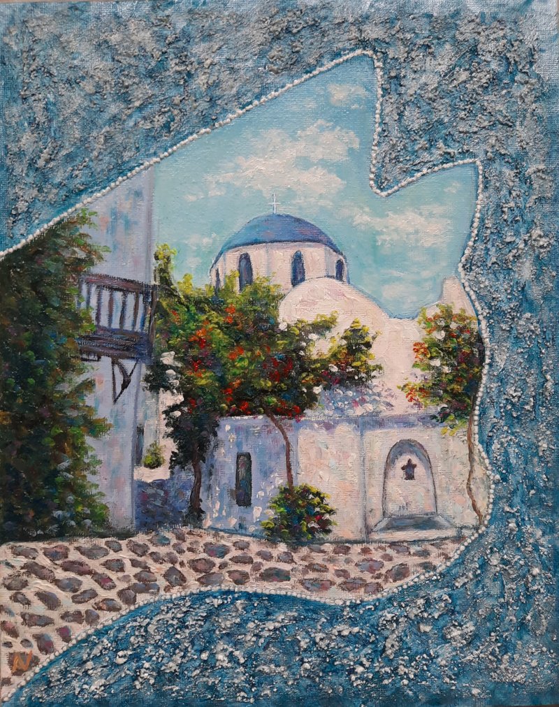 Cat shape mixed media artwork,Greek church original wall art, landscape painting - Wall Décor - Eco-Friendly Materials 