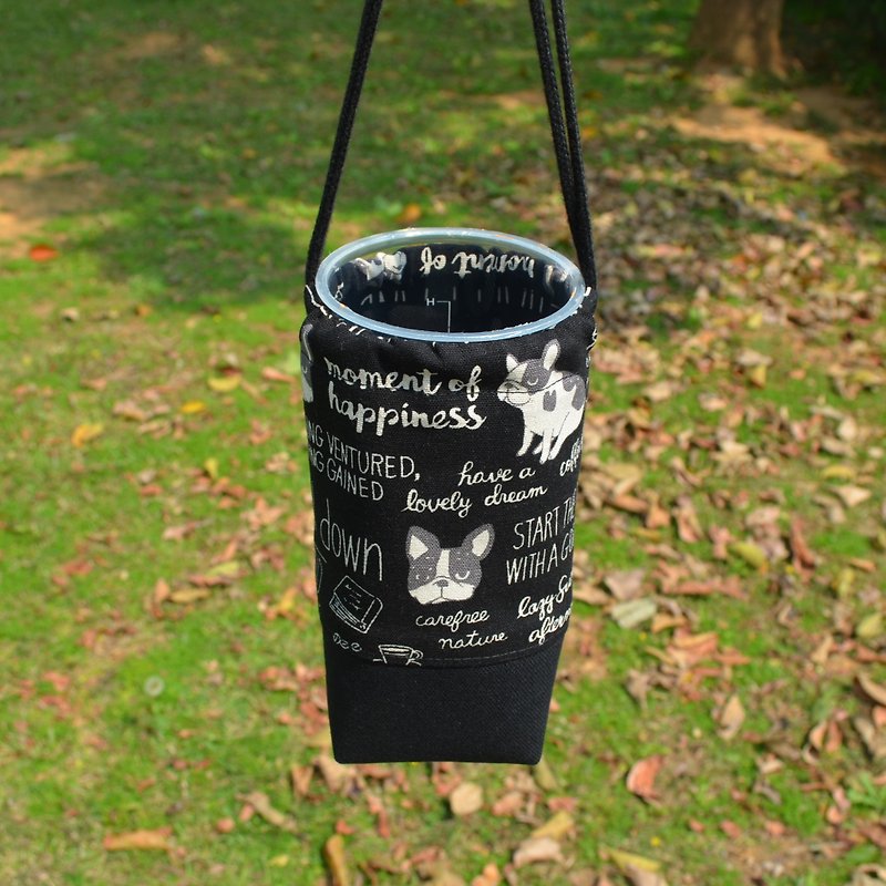 酷狗束口環保杯袋 飲料提袋 保溫瓶提袋 手作 帆布 方便 - 杯袋/飲料提袋 - 棉．麻 黑色