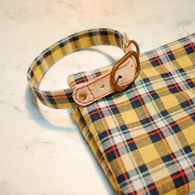 Dog collar L size slightly hot autumn yellow-green plaid Japanese cloth can be purchased with tag and free bells - ปลอกคอ - ผ้าฝ้าย/ผ้าลินิน 