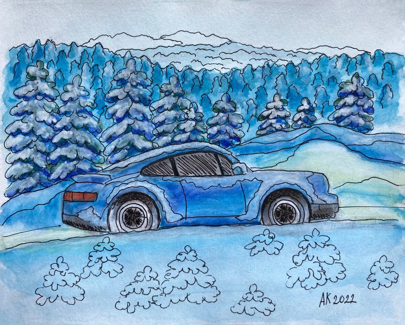 Snowy Road watercolour painting, nature artwork, Porsche 911, winter landscape - 壁貼/牆壁裝飾 - 其他材質 藍色