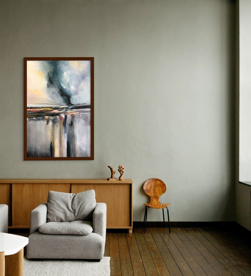 Original Blue Landscape Canvas Gray Large Wall Art Textured Art - 壁貼/牆壁裝飾 - 棉．麻 灰色