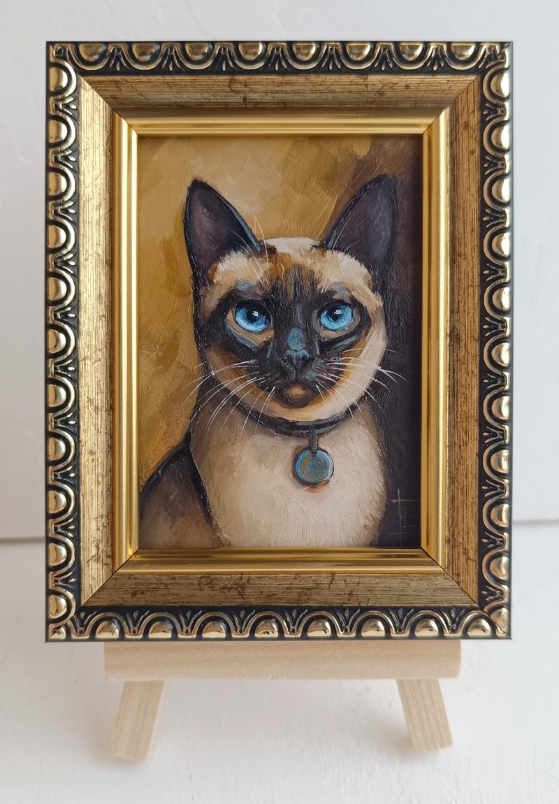 ACEO original Siamese cat painting tiny cat art 2.5*3.5 inches - Wall Décor - Other Metals Gold