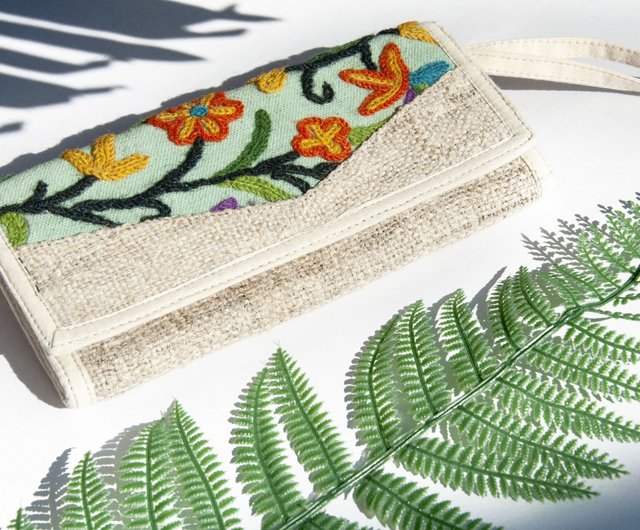 手作りリネン財布/織り継ぎ刺繍長財布/長財布/小銭入れ/織り財布