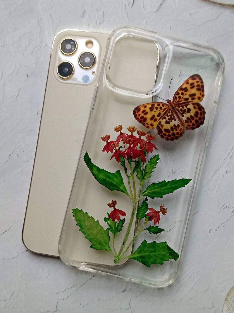 手作押花手機保護殼, 花與蝴蝶 系列二 (豹紋蝶) - 手機殼/手機套 - 樹脂 多色
