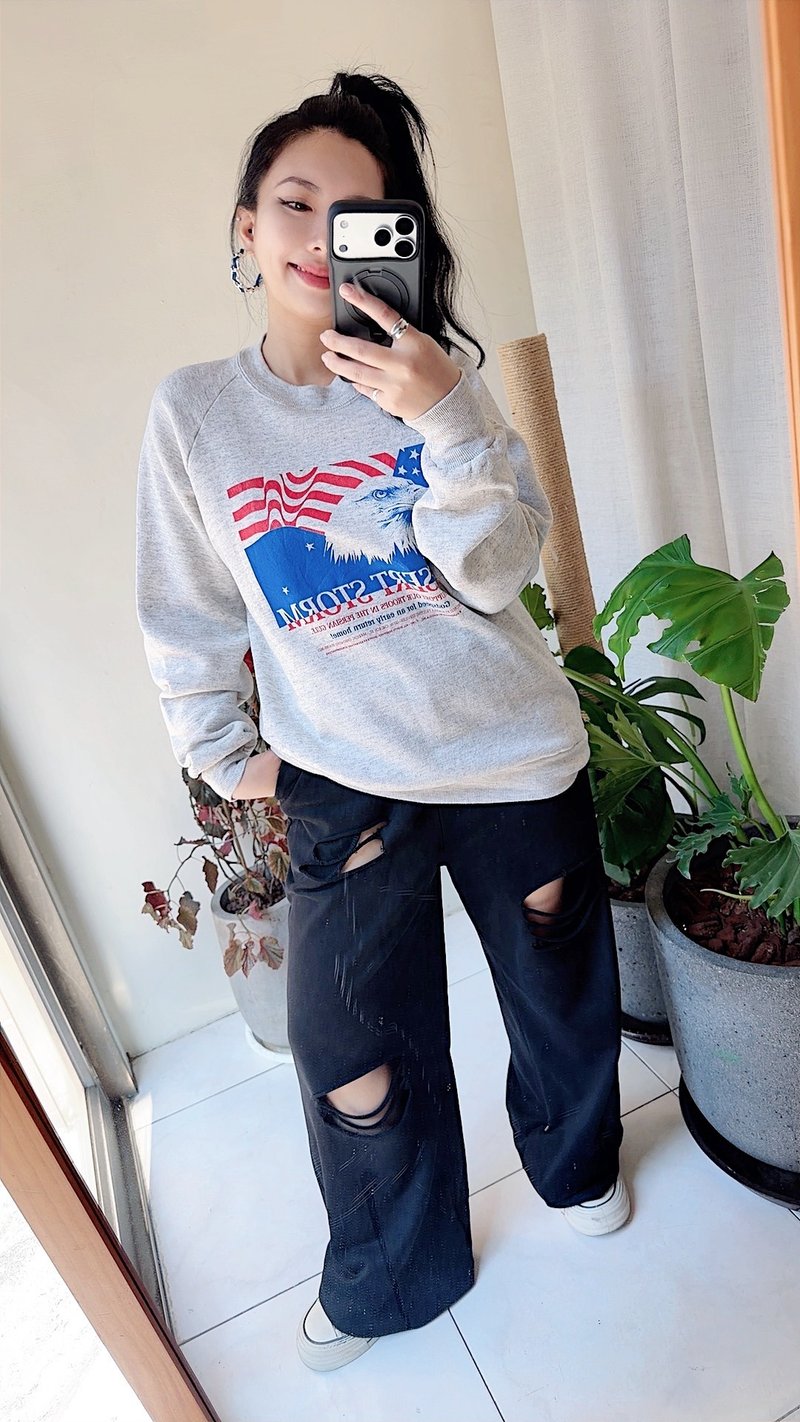 U.S.A. sweatshirt 淺灰美國鷹磨毛 寬鬆大尺寸 古著大學T衛衣 - 帽T/大學T - 棉．麻 灰色