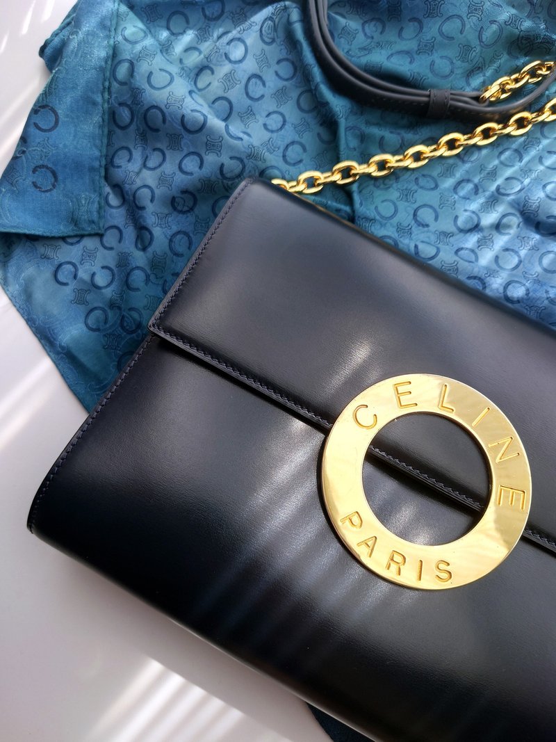 中古美品 CELINE 金環深藍信封包單肩包斜揹包斜背包斜揹袋手拿包 - 側背包/斜背包 - 真皮 藍色