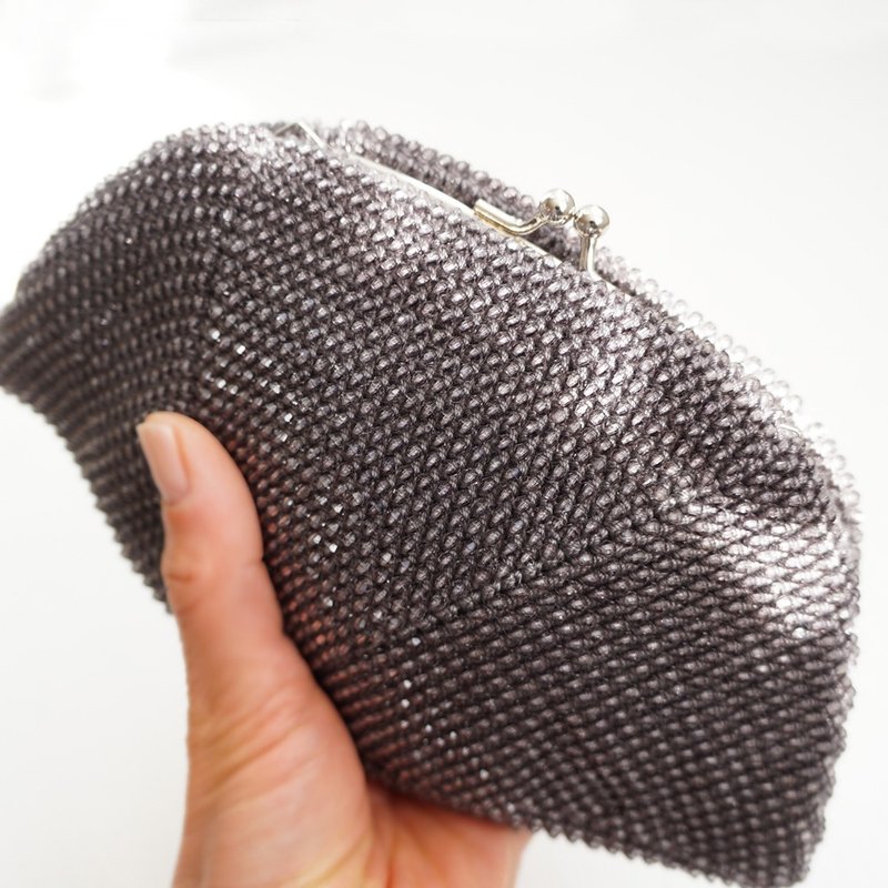 Ba-ba handmade  Acrylic beads crochet petit bag No.1616 - トートバッグ・ハンドバッグ - その他の素材 グレー