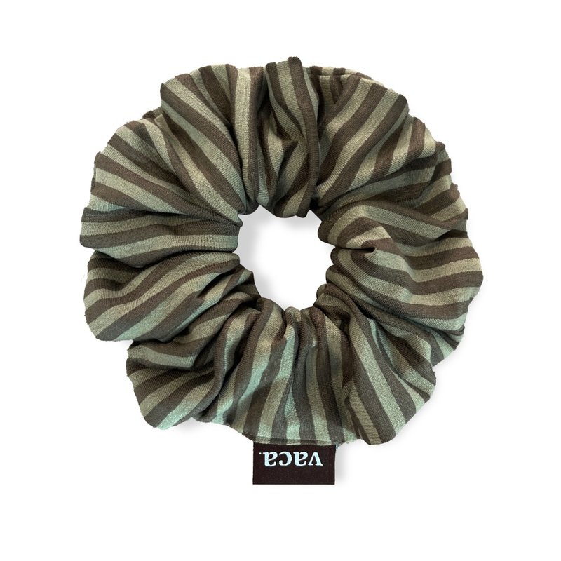 STRIPE COTTON HAIR SCRUNCHIE (KHAKI) - 髮夾/髮圈 - 棉．麻 綠色