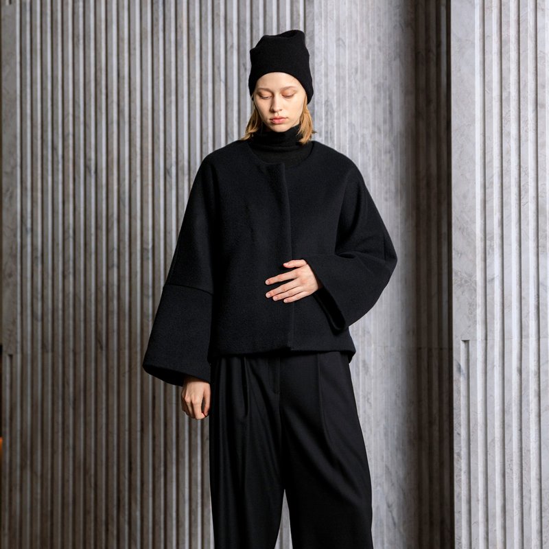 極簡隱襟圓領落肩外套 - 女大衣/外套 - 其他材質 黑色