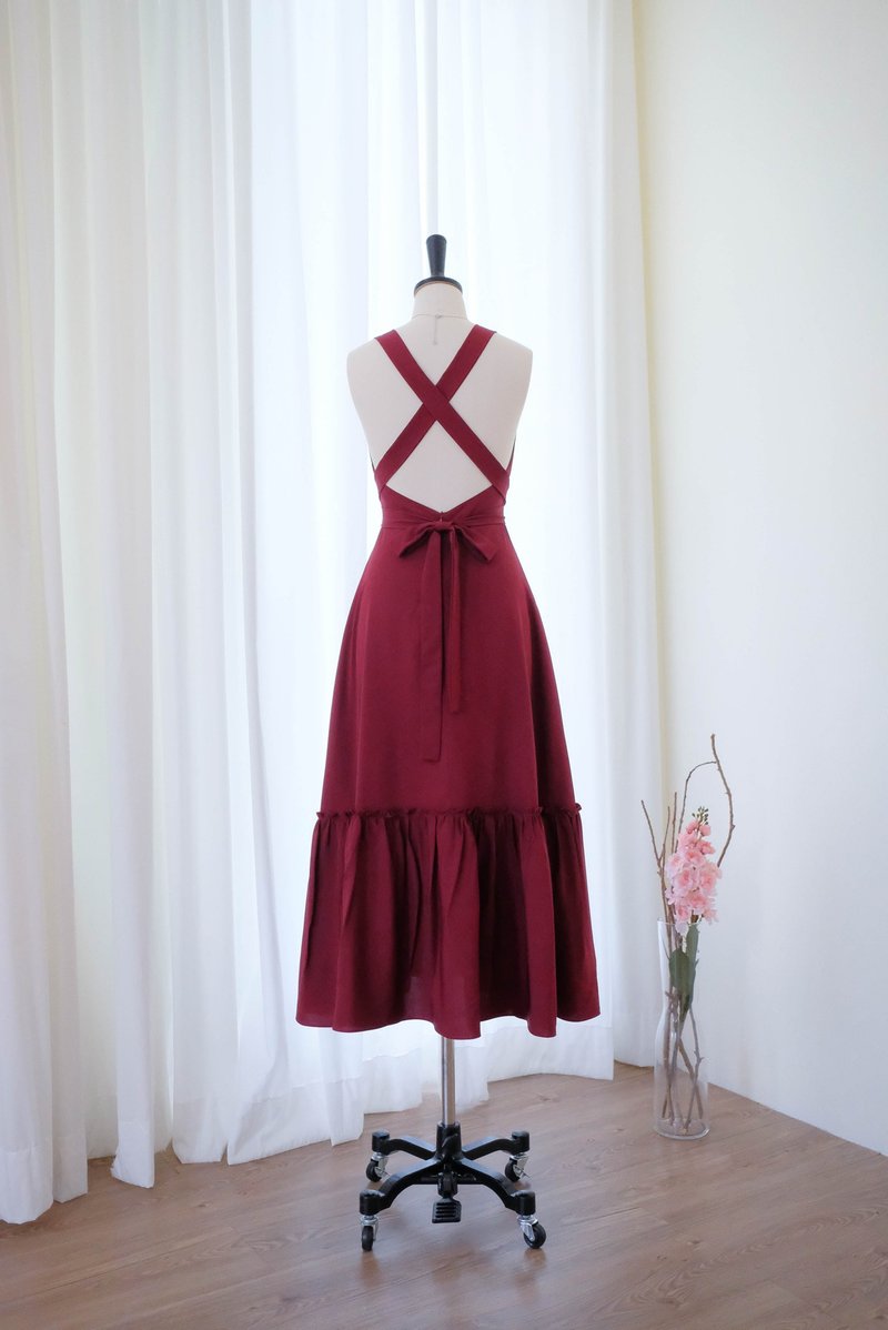 Cross back burgundy bridesmaid dress backless party cocktail wedding dress - 洋裝/連身裙 - 聚酯纖維 紅色