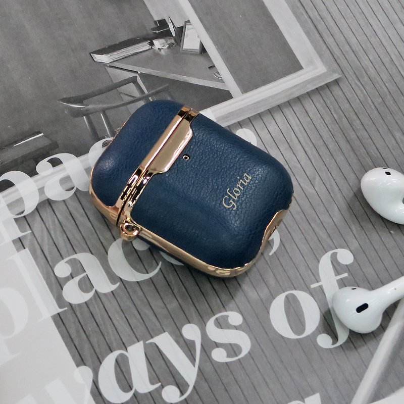 Airpods PU Leather Protective case w/Plated Metallic Color Custom service - Blue - ที่เก็บหูฟัง - หนังเทียม สีน้ำเงิน