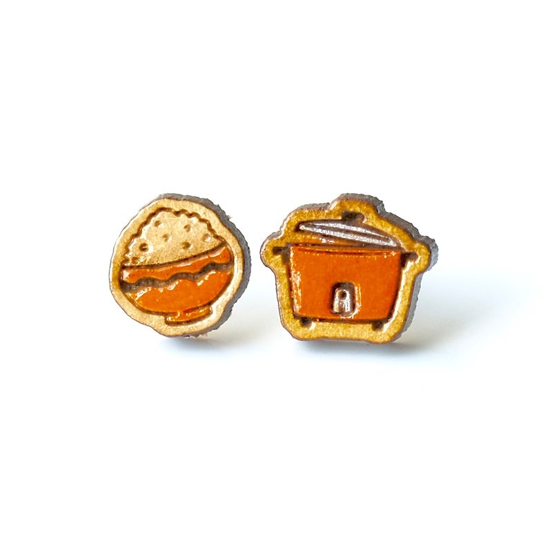 Painted wood earrings-Rice Cooker(Orange) - ต่างหู - ไม้ สีส้ม