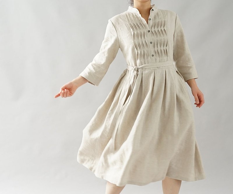 wafu - 純亞麻 連身裙 Midweignt Linen Wave-Pin-Tuck Shirt Dress / Flax a081d-amn2 - ชุดเดรส - ลินิน สีกากี