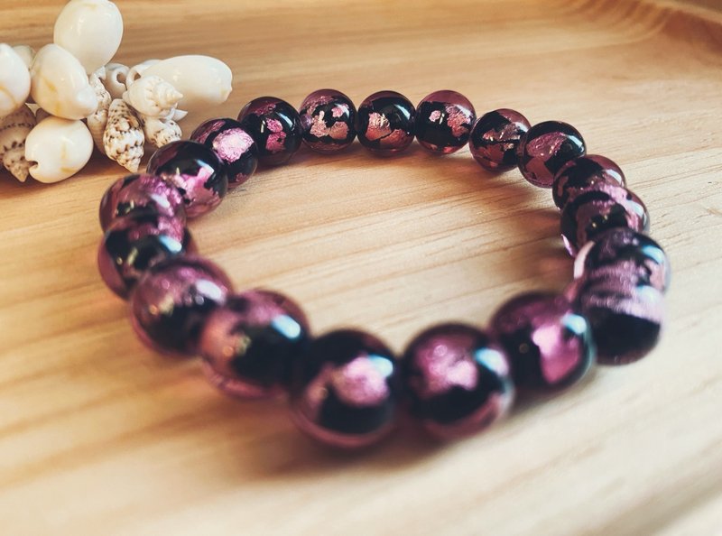 [Glass Series] 10MM Peach Pink and Black Glazed Bead Bracelet - สร้อยข้อมือ - กระจกลาย สึชมพู